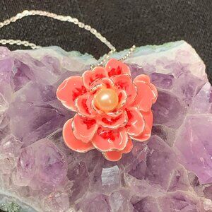 Salmon Pink Enamel & Pearl Flower Necklace Sterling Silver Vantel Pearls J224